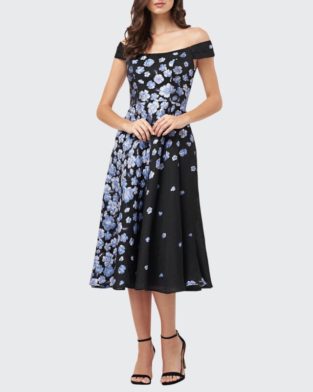 Off-the-Shoulder Floral Jacquard Fit-&-Flare Cocktail Dress